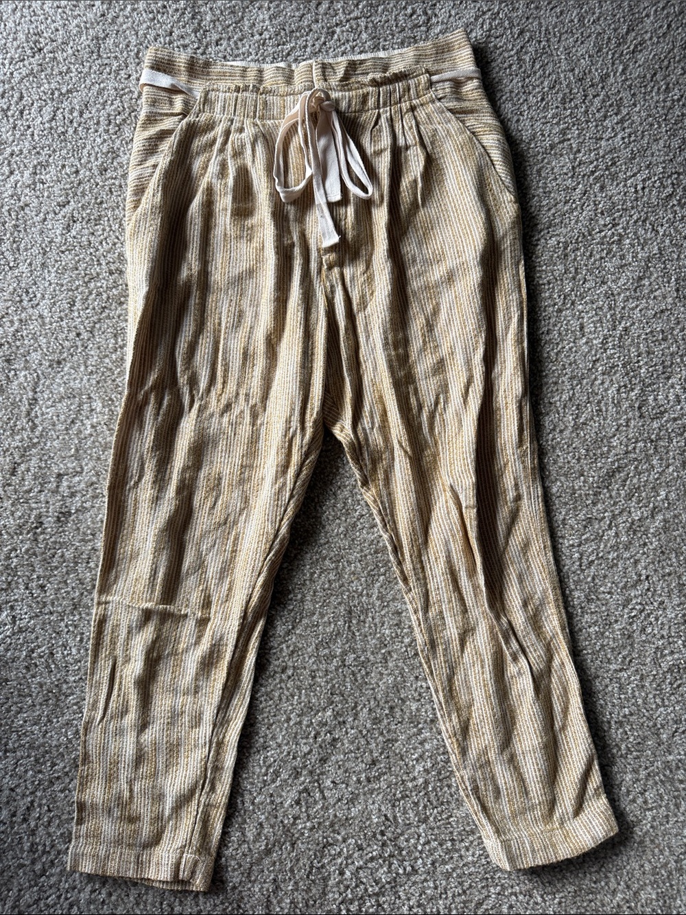 Free People Women's Beige Striped Linen Drawstring Jogger Pants Size 6